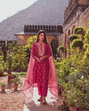 PINK PREMIUM CHANDERI PRINTED STRAIGHT KURTA WITH COTTON PANT AND PRINTED CHANDERI DUPATTA