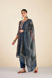 NAVY BLUE CHANDERI SUIT SET (WITH PANTS AND DUPATTA)