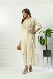 IVORY SELF EMBROIDERED COTTON KURTA WITH EMBROIDERED YOKE WITH PANT & DUPATTA