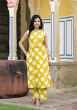 YELLOW COTTON POLKA DOTS PRINTED SLEEVELESS KURTA WITH PANT