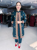 PEACOCK COLOUR WOOLEN SHRUG WITH KASHMIRI EMBROIDERY AND WOOLEN INNER AND TROUSER