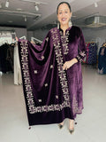 AUBERGINE PREMIUM VELVET EMBROIDERED ANARKALI SUIT