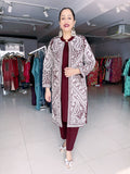 WINE WOOLEN SHRUG WITH WHITE KASHMIRI EMBROIDERY PAIRED WITH WOOLEN INNER AND TROUSER