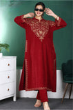 MAROON  CORDUROY VELVET FIRAN WITH KASHMIRI EMBROIDERY AND PANTS