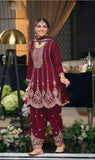 MAROON CHINON EMBROIDED PARTYWEAR SUIT