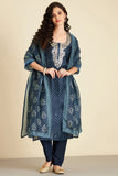 NAVY BLUE GOTA PATTI CHANDERI SUIT SET (WITH PANTS AND DUPATTA)