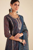 NAVY BLUE CHANDERI SUIT SET (WITH PANTS AND DUPATTA)