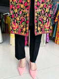 BLACK FLORAL EMBROIDERED WOOLEN SHRUG WITH WOOLEN INNER AND TROUSER