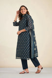 NAVY BLUE CHANDERI SUIT SET (WITH PANTS AND DUPATTA)