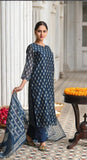 BLUE PREMIUM CHANDERI KURTA WITH COTTON LINING , COTTON TROUSER AND CHANDERI PRINTED DUPATTA