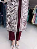 WINE WOOLEN SHRUG WITH WHITE KASHMIRI EMBROIDERY PAIRED WITH WOOLEN INNER AND TROUSER