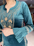 TEA GREEN EMBROIDERED VELVET SUIT