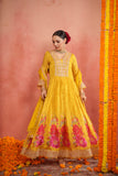 YELLOW FLORAL PRINT CHINON ANARKALI SUIT