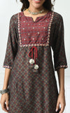 BROWN MUSLIN PRINTED SUIT WITH EMBROIDERED YOKE