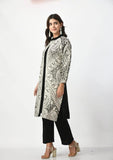 BLACK WOOLEN SHRUG WITH WHITE EMBROIDERY PAIRED WITH BLACK WOOLEN INNER AND TROUSER