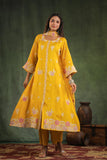 YELLOW SILK  FULLY EMBROIDERED A LINE PARTY WEAR SUIT