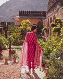 PINK PREMIUM CHANDERI PRINTED STRAIGHT KURTA WITH COTTON PANT AND PRINTED CHANDERI DUPATTA