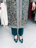 TEAL WOOLEN SHRUG WITH IVORY AND COPPER COlOUR EMBROIDERY WITH WOOLEN INNER AND TROUSER