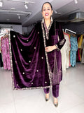 PLUM VELVET EMBROIDERED A - LINE SUIT