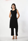 BLACK WOOLEN SHRUG WITH WHITE EMBROIDERY PAIRED WITH BLACK WOOLEN INNER AND TROUSER