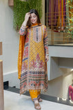 MUSTARD CHINON EMBROIDED FISHCUT PRINTED PARTY WEAR SUIT