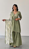 GREEN COTTON PRINTED ALIA STYLE KURTA WITH SHARARA