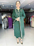 GREEN WOOLEN KNITTED SUIT WITH EMBROIDERED YOKE