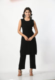 BLACK WOOLEN SHRUG WITH WHITE EMBROIDERY PAIRED WITH BLACK WOOLEN INNER AND TROUSER