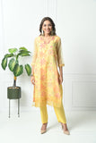YELLOW FLORAL PRINTED CREPE KURTA WITH ORGANZA PAIRED WITH TROUSER & DUPATTA