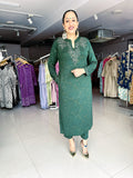 GREEN WOOLEN KNITTED SUIT WITH EMBROIDERED YOKE