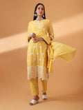 YELLOW HAND BLOCK PRINTED COTTON SUIT SET (WITH PANTS AND DUPATTA)