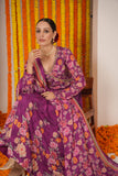 PURPLE PRINTED ANGRAKHA STYLE MUSLIN SILK ANARKALI