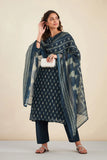 NAVY BLUE CHANDERI SUIT SET (WITH PANTS AND DUPATTA)