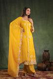 YELLOW SILK  FULLY EMBROIDERED A LINE PARTY WEAR SUIT