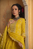 YELLOW COTTON SCHIFFLI FLARED ANARKALI SUIT WITH EMBROIDERY ON YOKE AND FLARED