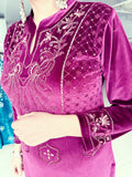 WINE ORNAMENTED WITH TRADITIONAL ELEGANT PEACOCK EMBROIDERY IN PREMIUM VELVET PARTY WEAR SUIT