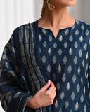 BLUE PREMIUM CHANDERI KURTA WITH COTTON LINING , COTTON TROUSER AND CHANDERI PRINTED DUPATTA