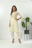 IVORY SELF EMBROIDERED COTTON KURTA WITH EMBROIDERED YOKE WITH PANT & DUPATTA