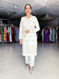 WHITE FULLY EMBROIDERED WOOLEN KNITTED SUIT