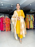 MUSTARD YELLOW PRINTED CHANDERI KURTA WITH PANT AND CHANDERI DUPATTA