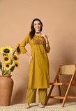 MUSTARD HANDLOOM COTTON EMBROIDERED SUIT