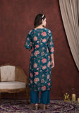 GREYISH BLUE FLORAL PRINT CREPE SUIT WITH EMBROIDERED V NECK