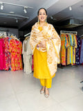 MUSTARD YELLOW PRINTED CHANDERI KURTA WITH PANT AND CHANDERI DUPATTA