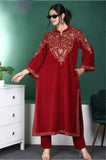 MAROON  CORDUROY VELVET FIRAN WITH KASHMIRI EMBROIDERY AND PANTS