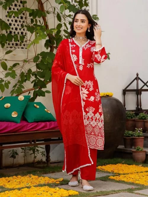 RED MUSLIN PRINTED KURTA WITH SCHIFFLI WORK PAIRED WITH TROUSER AND CHIFFON DUPATTA