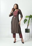 BROWN MUSLIN PRINTED SUIT WITH EMBROIDERED YOKE