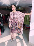 CREPE PRINTED AND EMBROIDERED KAFTAN WITH PANT