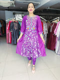 PURPLE SILK ANARKALI WITH PRINT & EMBROIDERED YOKE