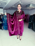 WINE ORNAMENTED WITH TRADITIONAL ELEGANT PEACOCK EMBROIDERY IN PREMIUM VELVET PARTY WEAR SUIT