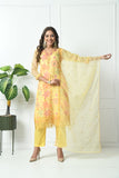 YELLOW FLORAL PRINTED CREPE KURTA WITH ORGANZA PAIRED WITH TROUSER & DUPATTA